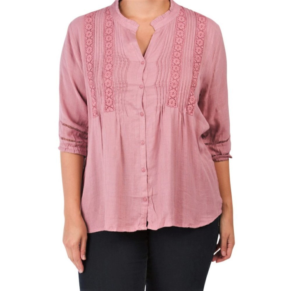 NWT FORGOTTEN GRACE Plus Lace Button Front Cotton Tunic Top